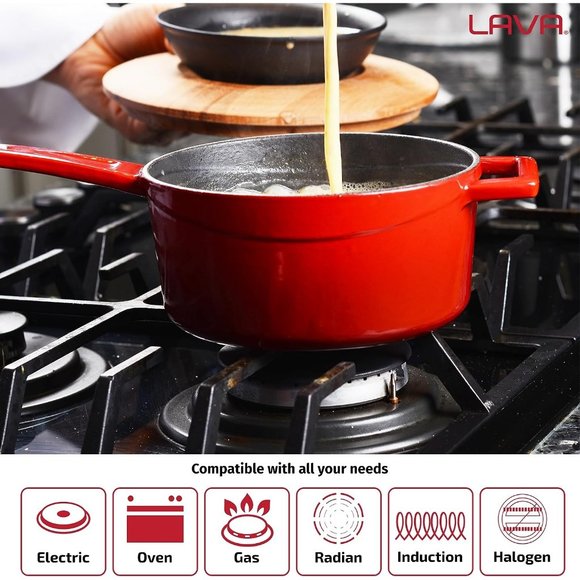 1.5 Red Quarts Round Sauce Pot Long Handle with Lid - Picture 4 of 7